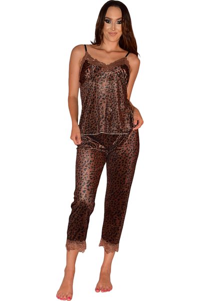 Star Fashion Women's pajamas, velvet with lace, 3 pieces (top, long pants and robe with drawstring) animal print