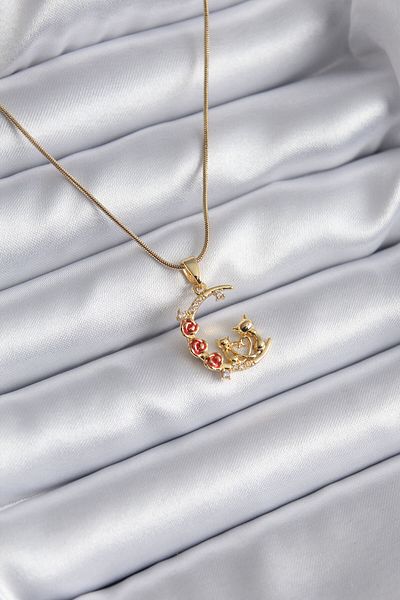 Clariss 316l Steel Gold Color Crescent Cat Model Zircon Stone Detail Women's Necklace