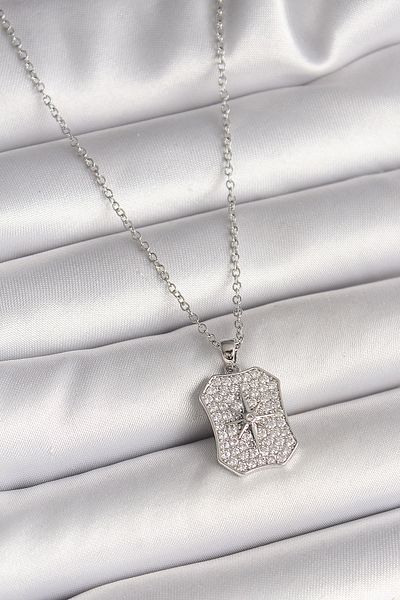 Clariss 316L Steel Silver Color Chain Zircon Stone Pole Star Embroidered Medallion Model Women's Necklace