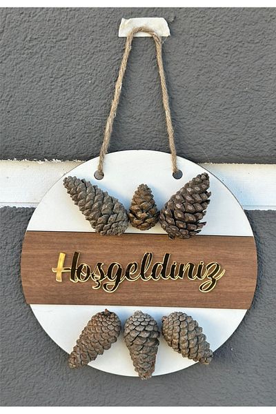 MeyArt Ajans Real Pine Cone Welcome Written Mirrored Plexiglass Wooden Door Ornament