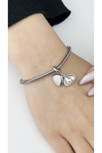 Neon Takı by Atalay Sensitivity Tag & Mussel with Pearl Inside, Steel Charm for Pan Bracelet 45, Silver Color