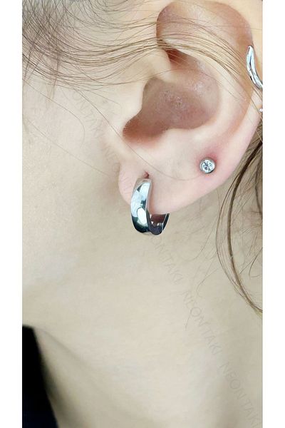 Neon Takı by Atalay Sensitivity Tag and Stainless Hoop Earring 617, Silver Color, Outer Diameter 15mm