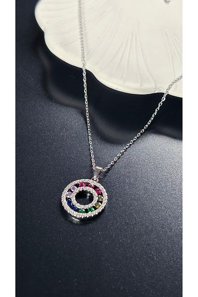 Neon Takı by Atalay Sensitivity Tag and Zircon Colored Stone, Stainless Steel Necklace 405, Silver Color