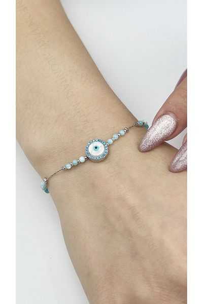 Neon Takı by Atalay Sensitivity Tag and Evil Eye Bead, Blue Stone, Stainless Steel Bracelet 491, Silver Color