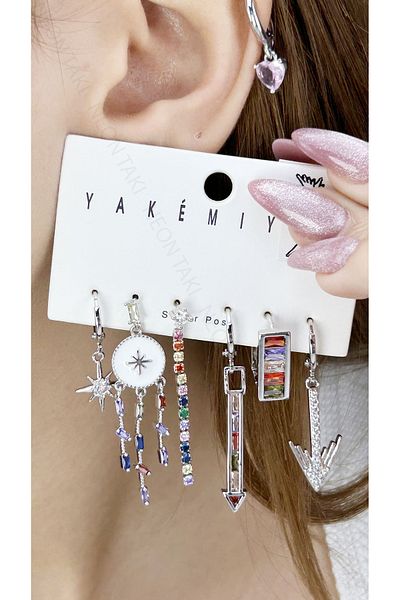 Neon Takı by Atalay Sensitivity Tag and Multiple, Zircon Stone, Silver Pin, Steel Earring 611, Silver Color