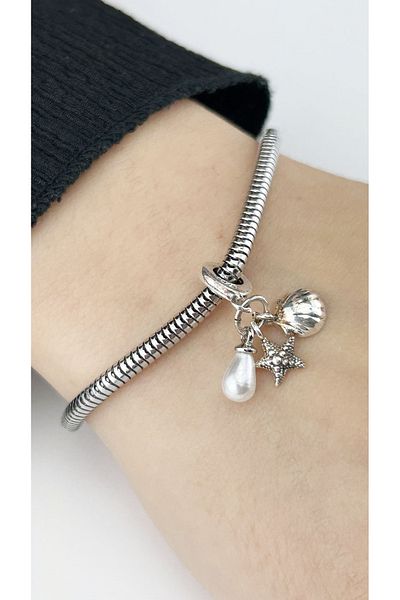 Neon Takı by Atalay Sensitivity Tag & Steel Charm for Pearl, Mussel, Starfish, Pan Bracelet 46, Silver Color