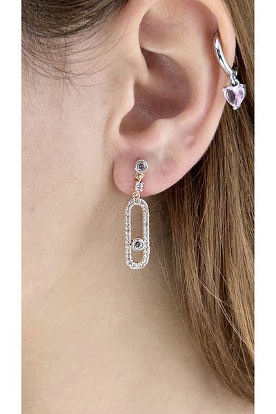 Neon Takı by Atalay Sensitivity Tag and Zircon Stone, Paper Clip, Steel Earring 612, Gold Color