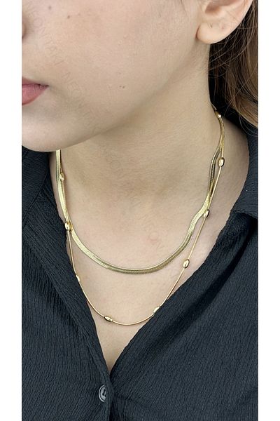 Neon Takı by Atalay Sensitivity Tag & 2 Chains, Italian & Topper Chain, Stainless Steel Necklace 403, Gold Color