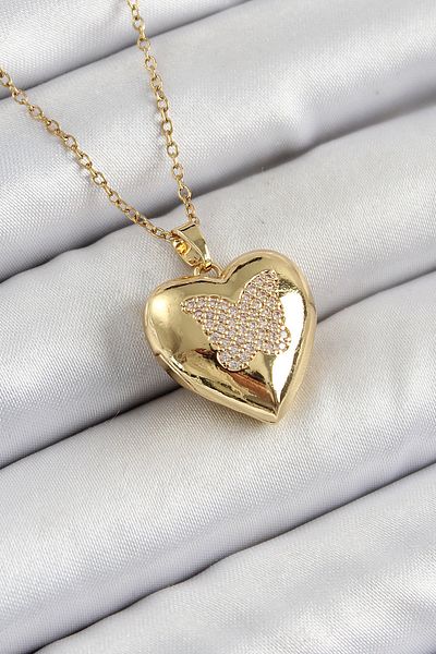 Clariss 316L Steel Chain Openable Butterfly Figured Heart Model Zircon Stone Gold Color Women's Necklace