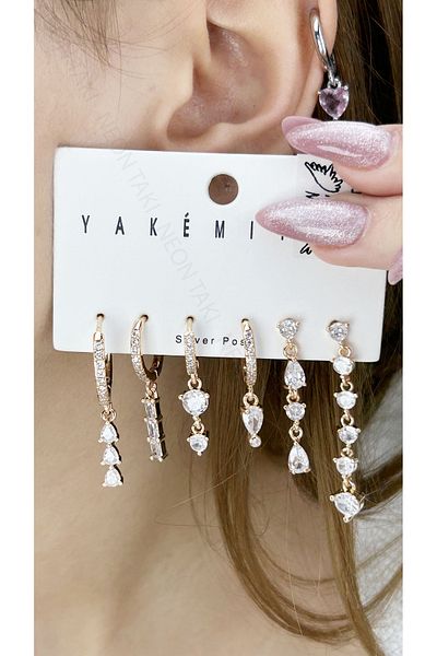 Neon Takı by Atalay Sensitivity Tag and Multiple, Zircon Stone, Silver Pin, Steel Earring 610, Gold Color