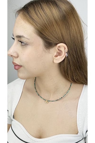 Neon Takı by Atalay Sensitivity Tag and Eye, Color Beads, Stainless Steel Necklace 396, Dark Blue, Gold Color