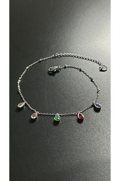 Neon Takı by Atalay Sensitivity Tag and Drop Model, Colored Stone, Stainless Steel Anklet 30, Silver Color