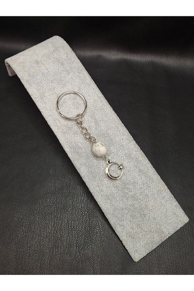 Han Ticarethane White Havlit Natural Stone Detailed Moon Star Tip Keychain
