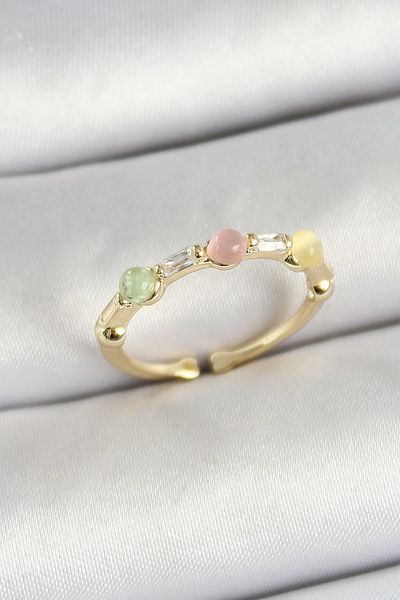 Clariss Gold Color Adjustable Women's Ring with Brass Row Beads Figured Zircon Stone