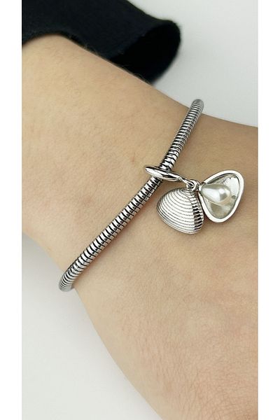 Neon Takı by Atalay Sensitivity Tag & Mussel with Pearl Inside, Steel Charm for Pan Bracelet 45, Silver Color