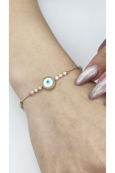 Neon Takı by Atalay Sensitivity Tag and Evil Eye Bead, White Stone, Stainless Steel Bracelet 490, Gold Color