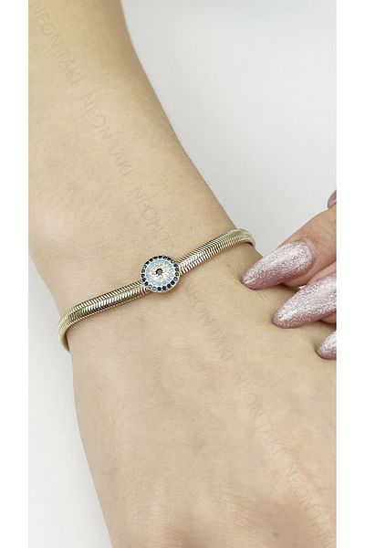 Neon Takı by Atalay Sensitivity Tag and Evil Eye Bead, Italian Chain Steel Bracelet 488, Gold Color