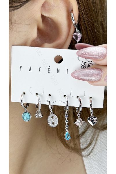 Neon Takı by Atalay Sensitivity Tag and Multiple, Zircon Stone, Silver Pin, Steel Earring 621, Silver Color