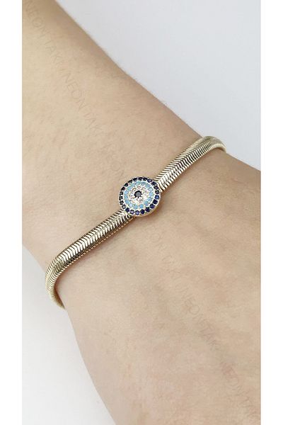 Neon Takı by Atalay Sensitivity Tag and Evil Eye Bead, Italian Chain Steel Bracelet 488, Gold Color