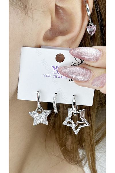 Neon Takı by Atalay Sensitivity Tag and Multi Earrings, Zircon Stone, Star, Platinum Plated Steel Earrings 629, Silver Color