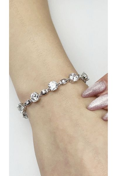 Neon Takı by Atalay Sensitivity Tag & Zircon Stone, Platinum Plated, Stainless Steel Bracelet 486, Silver Color
