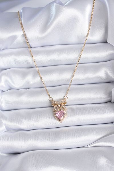 Clariss 316L Steel Gold Chain Pink Crystal Heart Model Zircon Stone Ribbon Model Women's Necklace