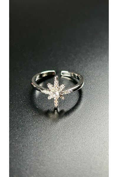 Neon Takı by Atalay Sensitive Tag and Zircon Stone, Star Figured Steel Ring 170, Silver Color