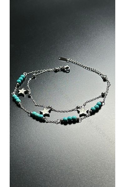 Neon Takı by Atalay Sensitivity Tag and Blue Beaded, Star, Stainless Steel Anklet 33, Silver Color