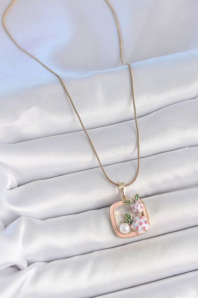 Clariss 316L Steel Gold Color Chain Pink Enamel Square Model Flower Embroidered Pearl Detail Women's Necklace