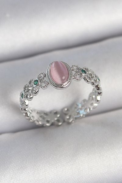 Clariss Brass Silver Color Zircon Stone Detailed Pink Enameled Drop Model Adjustable Women's Ring