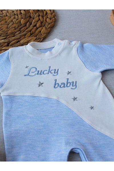 Haye Collection 0.3 3.6 Months Lucky Baby Embroidered Es Line Boy Baby Jumpsuit with Hat Blue
