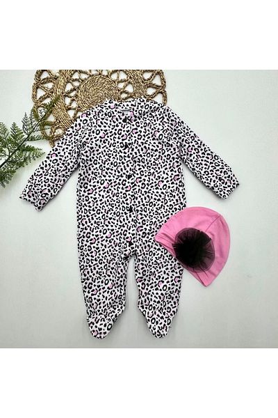 Haye Collection 0,3,6,9 Months Leopard Printed Full Length Snap Fastener Booties Rose Checkered Baby Girl Jumpsuit Pink