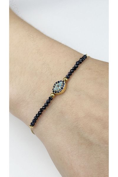 Neon Takı by Atalay Sensitivity Tag and Eye, Crystal Blue Stone Stainless Steel Chain Bracelet 489, Gold Color