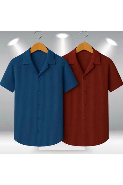 LC Waikiki Lc W 2-Pack Advantage Package 100% Cotton Stylish Premium Quality Men's Short Sleeve Summer Waffle Fabric Shirt