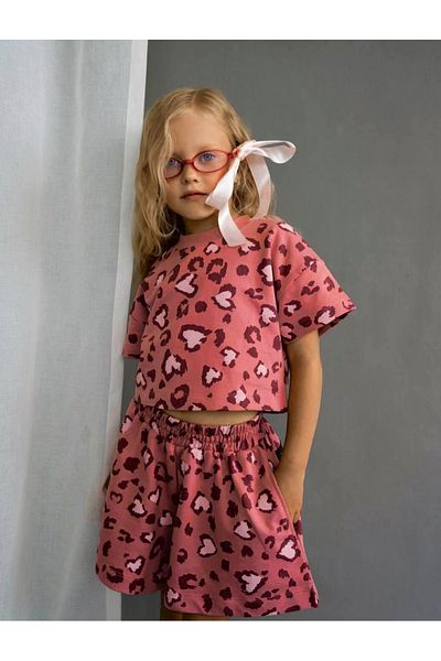 Çipil Girl's Cotton Pink Leopard Printed Shorts Set