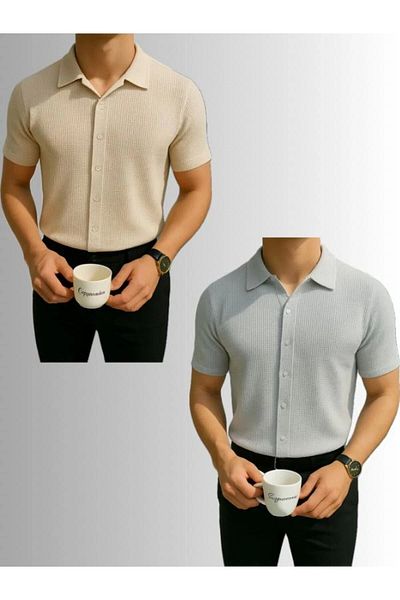LC Waikiki Lc W 2-Pack Advantage Package 100% Cotton Waffle Fabric Men's Summer Button Short Sleeve Premium Shirt