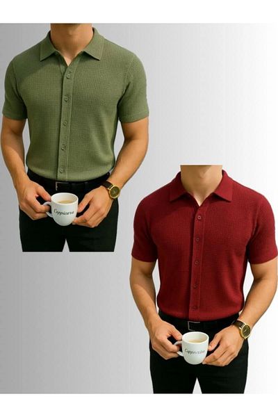 LC Waikiki Lc W 2-Pack Advantage Package 100% Cotton Waffle Fabric Men's Summer Button Short Sleeve Premium Shirt