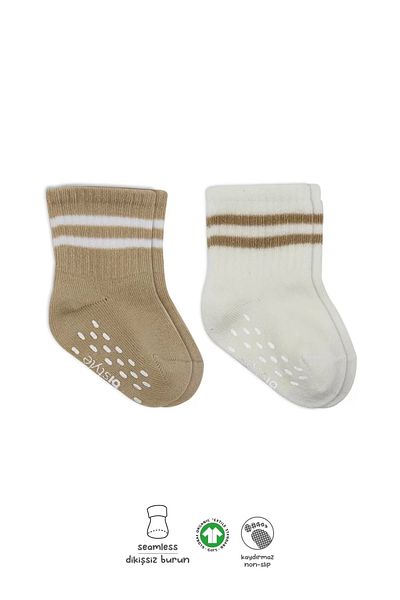 Haye Collection Circle Non-Slip Socks 2 Pack Beige, Ecru