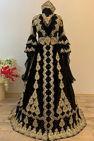 ZK ZÜMRÜT KAFTAN KADİFE SİYAH BİNDALLI KAFTAN KINA GECESİ ELBİSESİ SETİ TAÇ-KEMER-KOLYE + TARLATAN