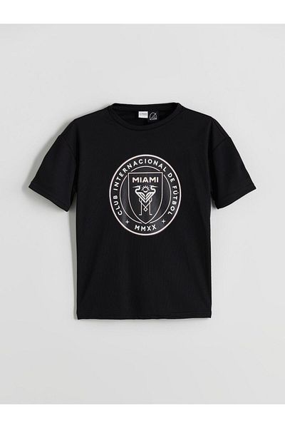 LC Waikiki Black Crew Neck Inter Miami Printed Boy's T-Shirt