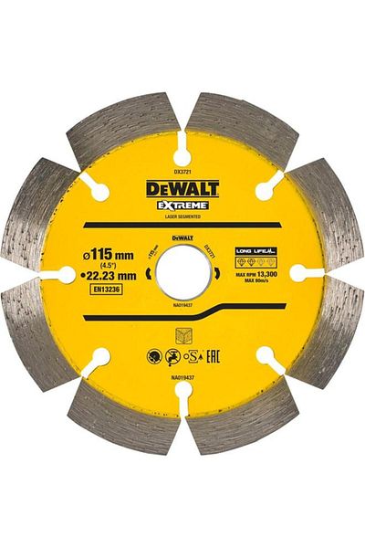 Generic DEWALT Extreme Laser Segmented Concrete Diamond Blade Yellow and Silver 115 x 22.23mm DX3721