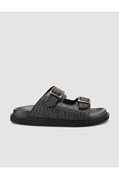 Cabani Ανδρικές παντόφλες από 100% γνήσιο δέρμα με σχέδιο κροκόδειλου σε μαύρο χρώμα