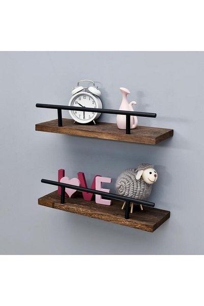 Generic HONEY BEE 2-Piece High Quality Rustic Wood Floating Wall Shelf Set Brown and Black WSF199-2