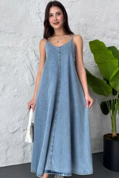 Ottawe Relaxed Fit Ön Arka V Yakalı İnce Askılı Rahat Dekolteli ve Yıkamalı Günlük A-Line Uzun Denim Elbise