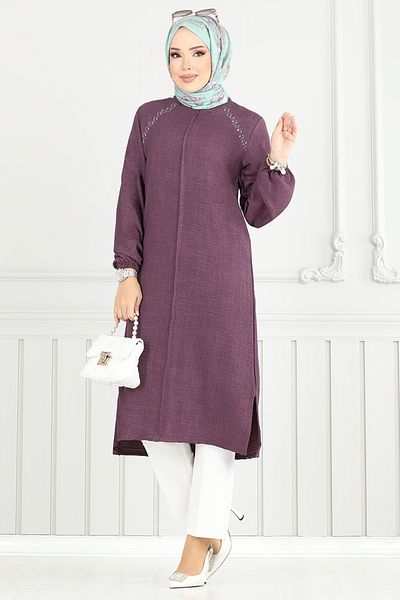 ModaMerve Πέτρινη λεπτομέρεια Hijab Tunic 3124HBS932-M Σκούρο Λιλά