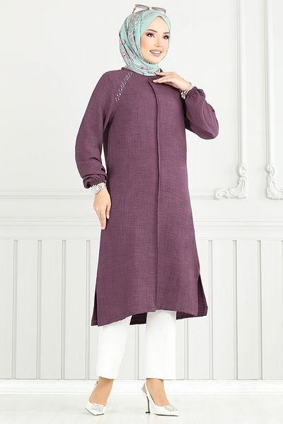 ModaMerve Πέτρινη λεπτομέρεια Hijab Tunic 3124HBS932-M Σκούρο Λιλά