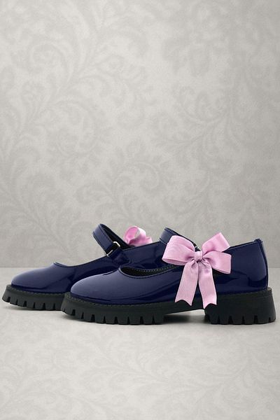 Rakerplus Navy Blue Patent Leather Velcro Thick Sole Ribbon Girls' School Shoes