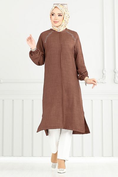 ModaMerve Πέτρινη λεπτομέρεια Hijab Tunic 3124HBS932-M Ανοιχτό καφέ