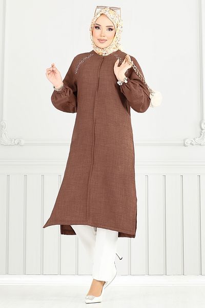 ModaMerve Πέτρινη λεπτομέρεια Hijab Tunic 3124HBS932-M Ανοιχτό καφέ