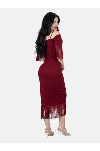Nice Model Burgundy Off Shoulder Bodycon Midi Dress With Fringe Sleeves – Evening Party Wear For Women
